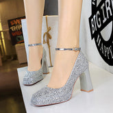 Shoes Chunky Heel High Heel Waterproof Platform Low Cut Square Toe Sequ Ankle Strap Shoes Wedding Shoes